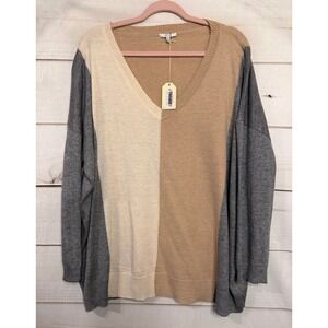 JODI FUL Colorblock V‎ Neck Sweater Charcoal Mix Camel Cream Women L